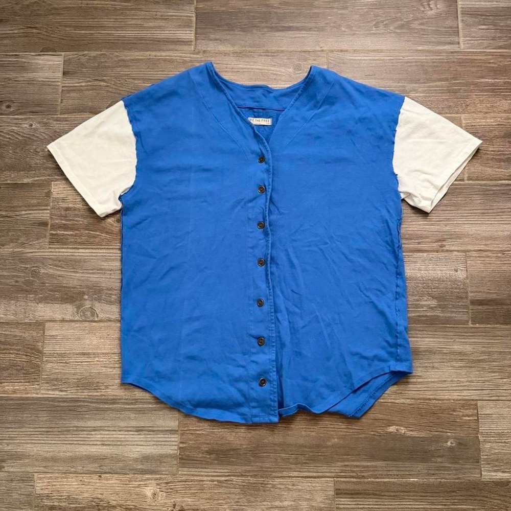 Free People blue baseball jersey with white sleeves size M oversized